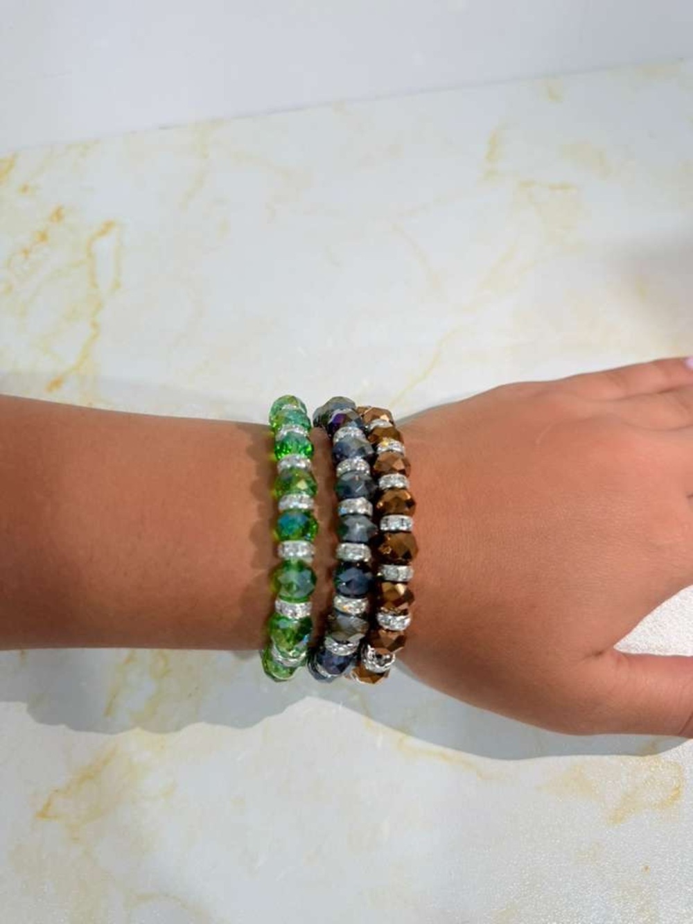 3 Stylish Faceted Crystal Stackable Bracelets Trio - Green, Blue, Bronze. BUNDLE